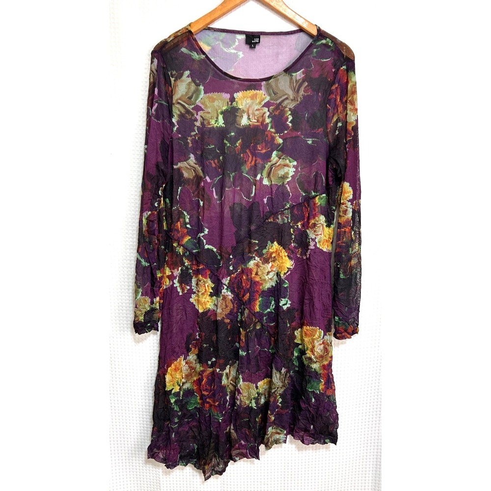 Lisa Bayne Mesh Y2K USA Dress L Multicolor Floral Peony Sheer Asymmetric v